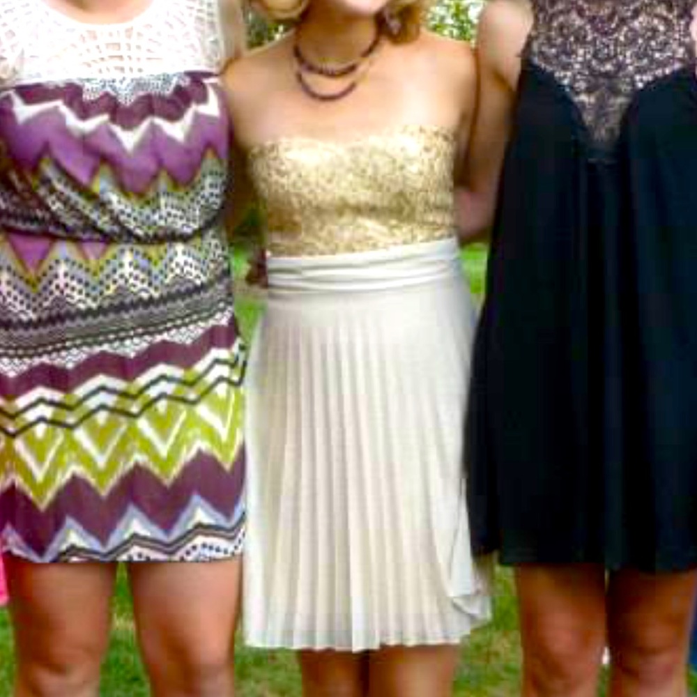 Strapless gold and cream sequin and sparkle dress